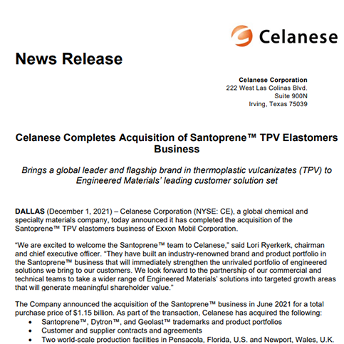Celanese Completes Acquisition of Santoprene TPV Elastomer Business